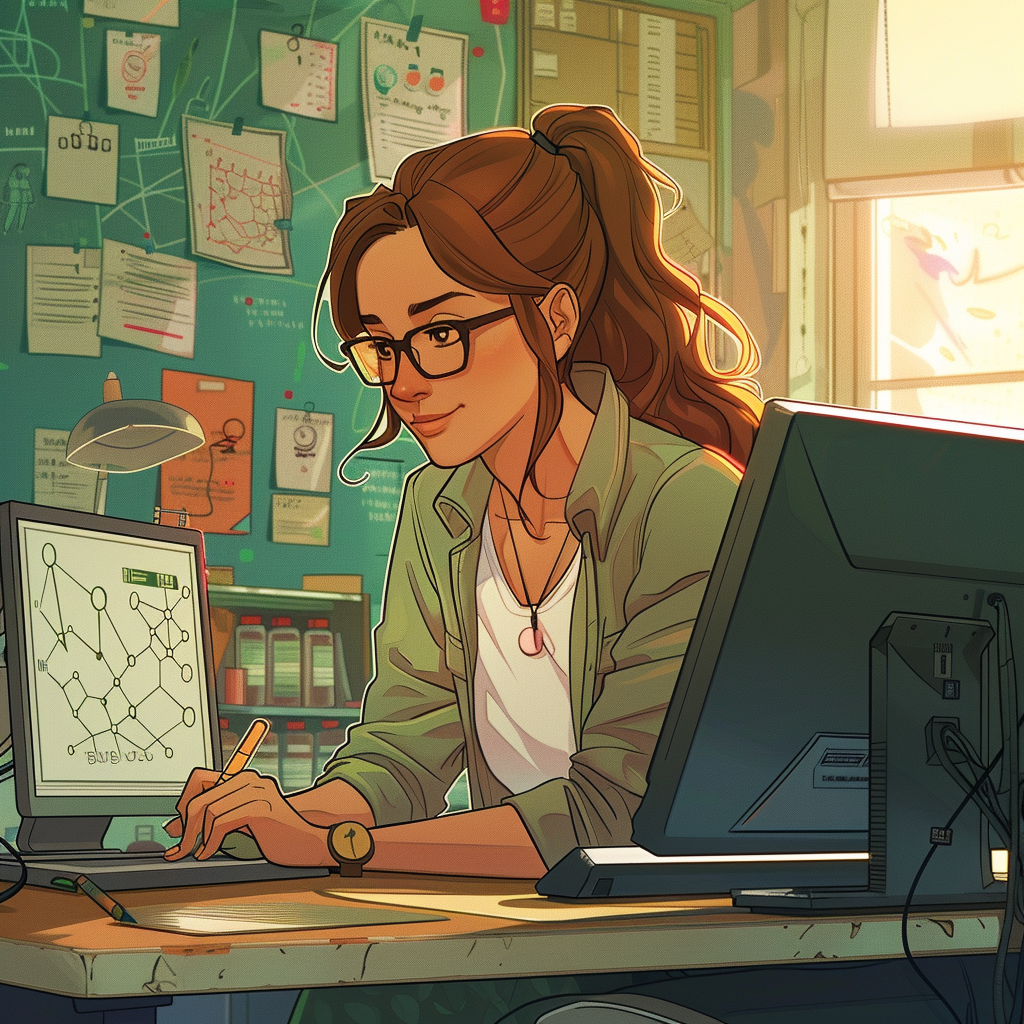 Mit Midjourney generiert. Prompt: A female teacher in a comic-style setting, sitting at a desk and working on a computer ...